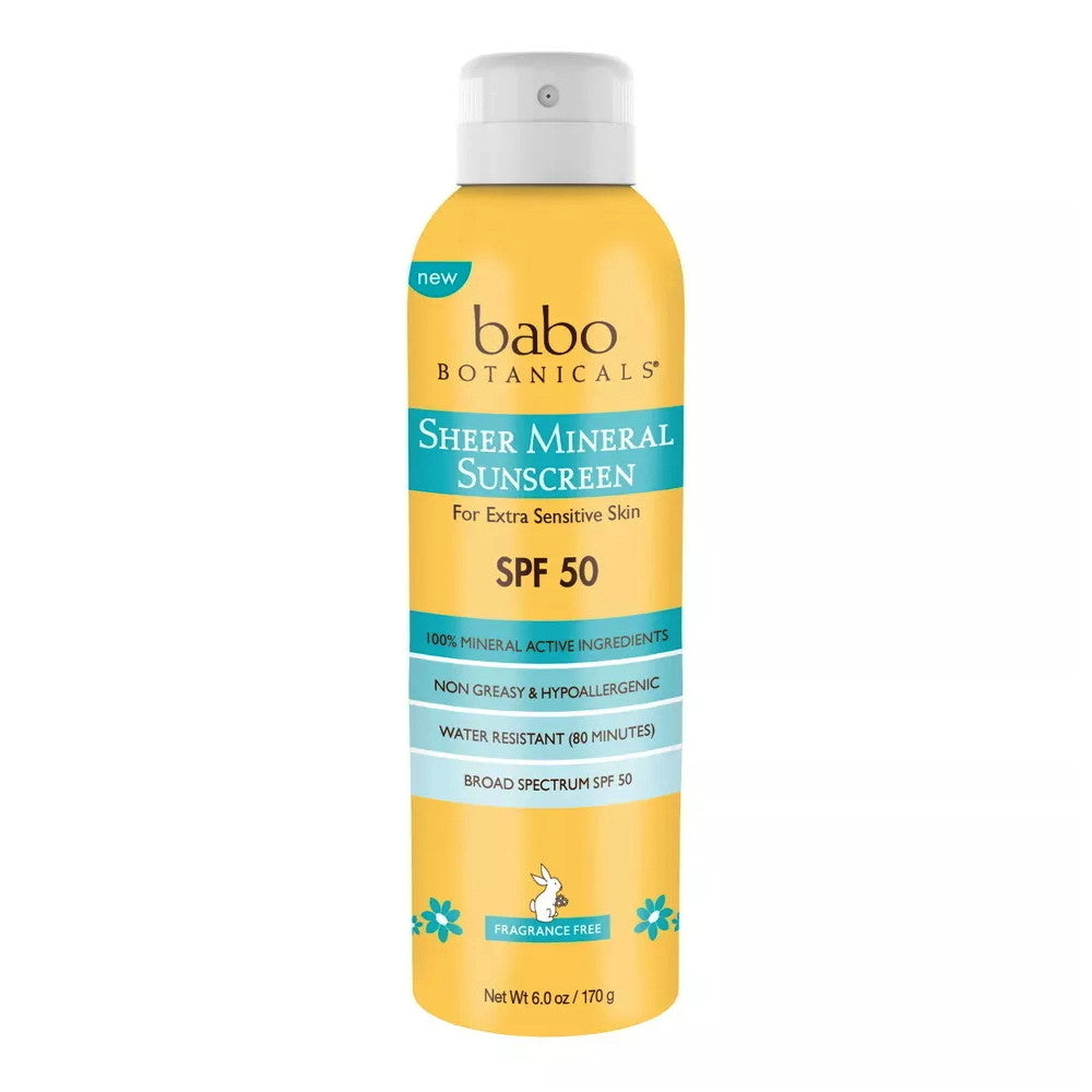 Babo Botanicals Sheer Mineral Sensitive Sunscreen Spray SPF 50, 6 Oz